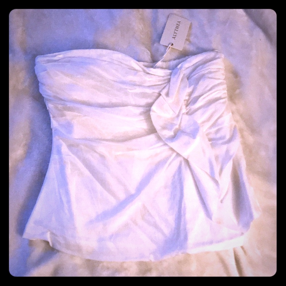 Silk and cotton white strapless ruched blouse